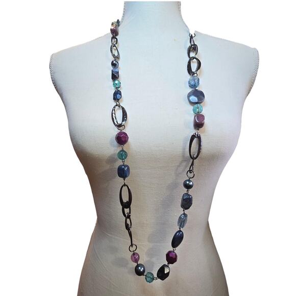 Lia Sophia Long Beaded Necklace Gunmetal Tone Multi Color Glass Acrylic Beads - Picture 1 of 7